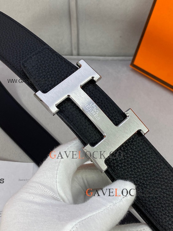 Copy Hermes Reversible Leather Strap Black Calf Belt 38mm